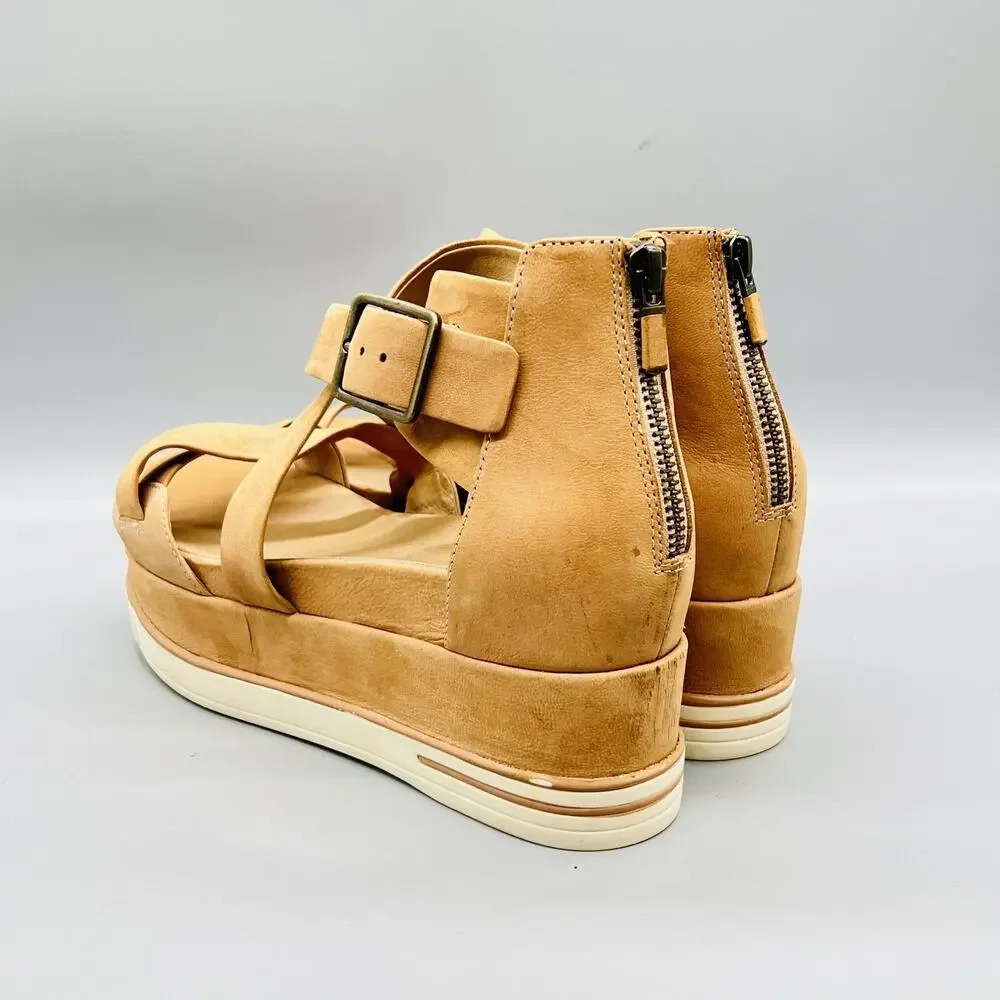 Eileen Fisher Sandals Womens 11 Beige Nubuck Boost Strappy Zip Platform Shoes